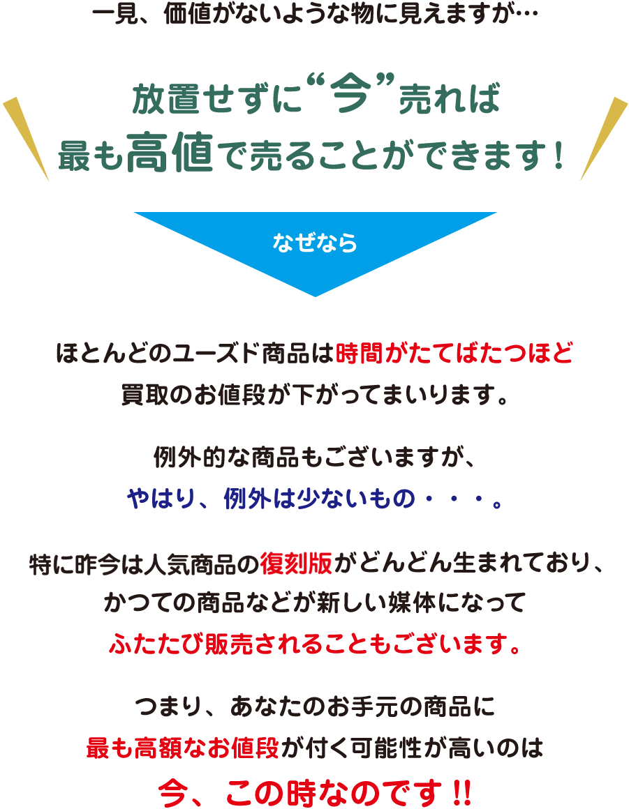 一見、価値がないような物に見えますが…放置せずに“今”売れば最も高値で売ることができます！なぜなら… ほとんどのユーズド商品は時間がたてばたつほど買取のお値段が下がってまいります。例外的な商品もございますが、やはり、例外は少ないもの…。特に昨今は人気商品の復刻版がどんどん生まれており、かつての商品などが新しい媒体になってふたたび販売されることもございます。つまり、あなたのお手元の商品に最も高額なお値段が付く可能性が高いのは今、この時なのです!!